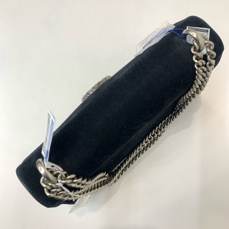 Gucci/古馳黑色麂皮酒神中號鏈條單肩包-5