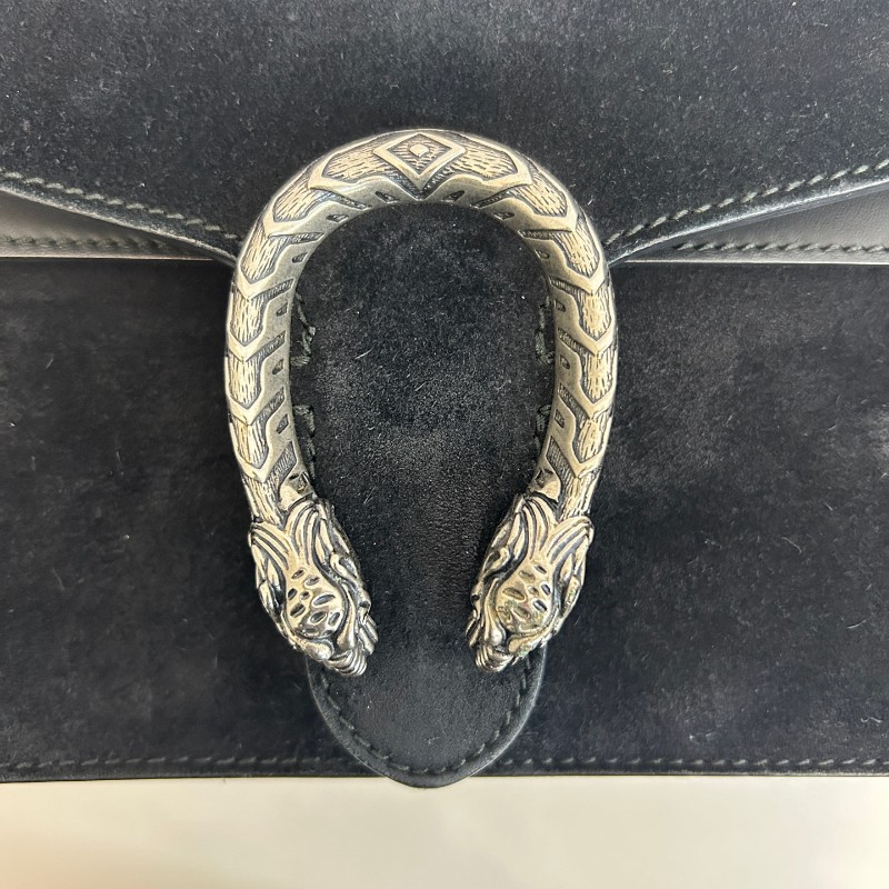 Gucci/古馳黑色麂皮酒神中號鏈條單肩包-6