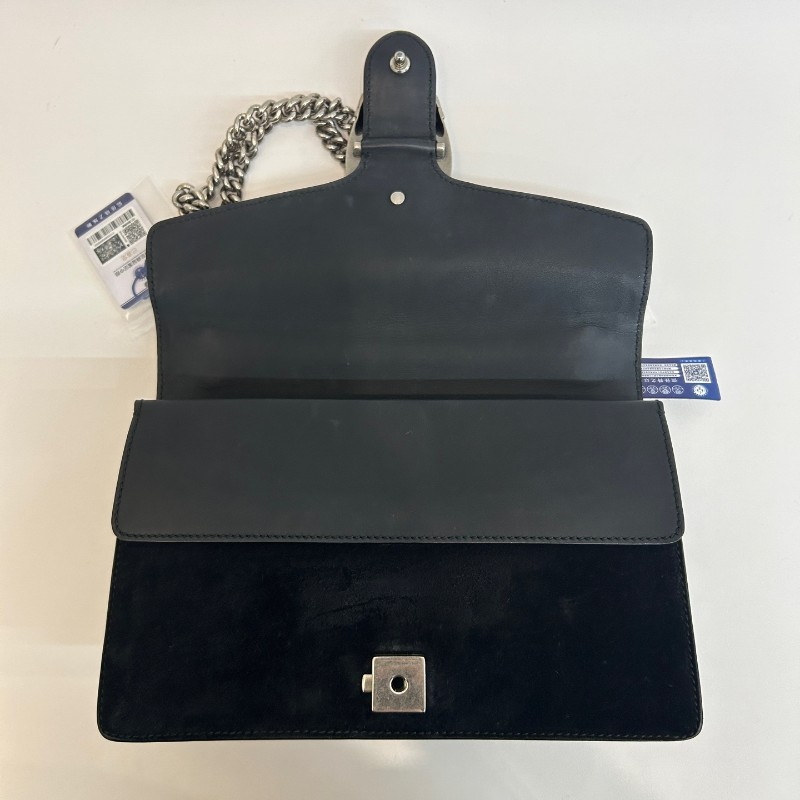 Gucci/古馳黑色麂皮酒神中號鏈條單肩包-7
