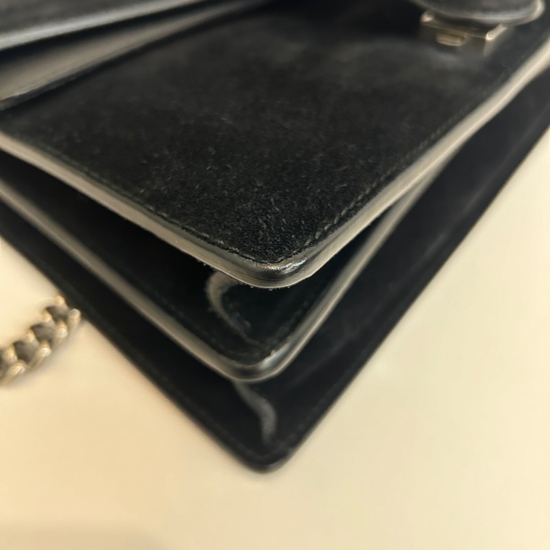 Gucci/古馳黑色麂皮酒神中號鏈條單肩包-9