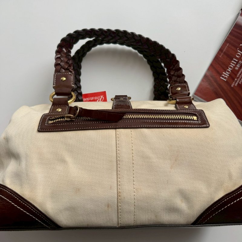 COACH 米白帆布拚咖色肩背包-1