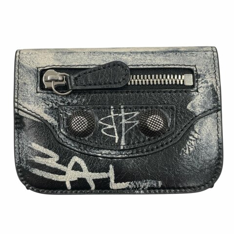 BALENCIAGA 巴黎世家 Le Cagole 塗鴉三折短夾 皮革 黑色 銀釦