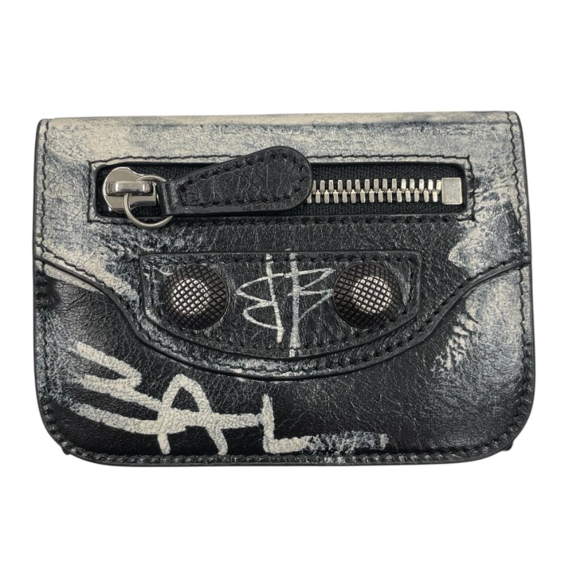 BALENCIAGA 巴黎世家 Le Cagole 塗鴉三折短夾 皮革 黑色 銀釦-0