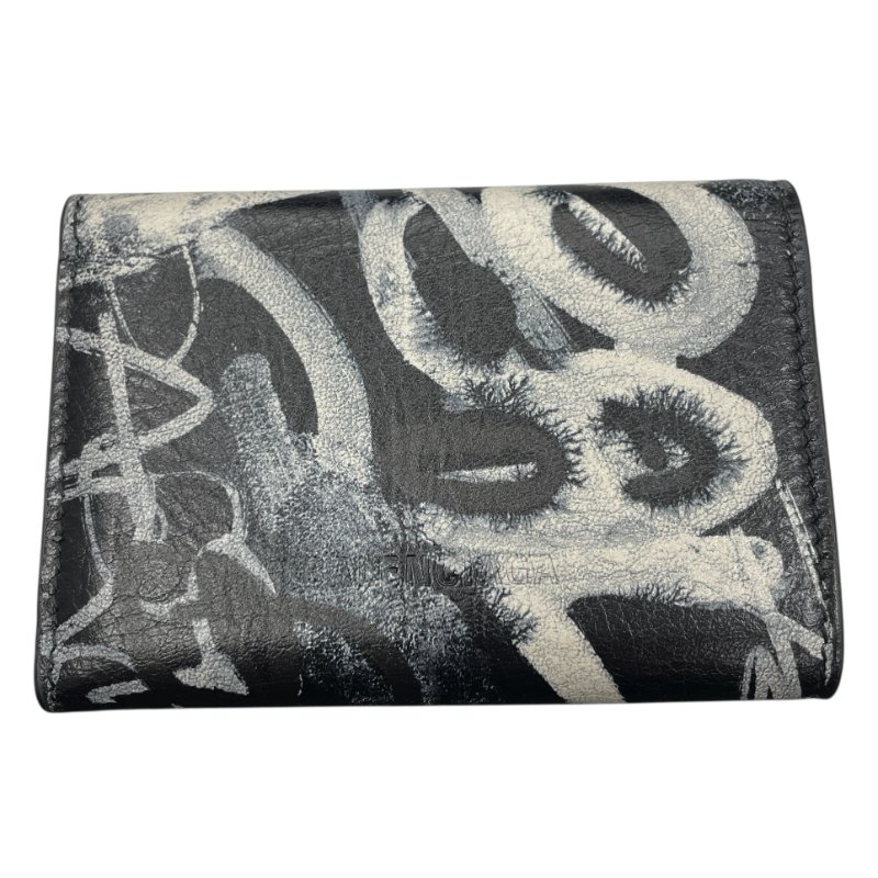 BALENCIAGA 巴黎世家 Le Cagole 塗鴉三折短夾 皮革 黑色 銀釦-1