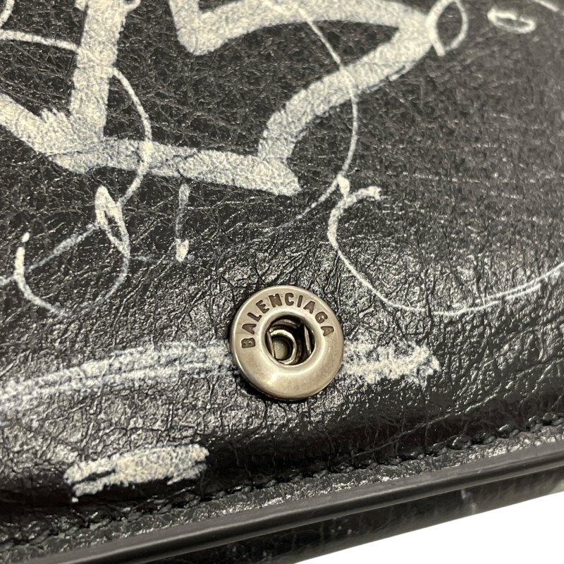 BALENCIAGA 巴黎世家 Le Cagole 塗鴉三折短夾 皮革 黑色 銀釦-11