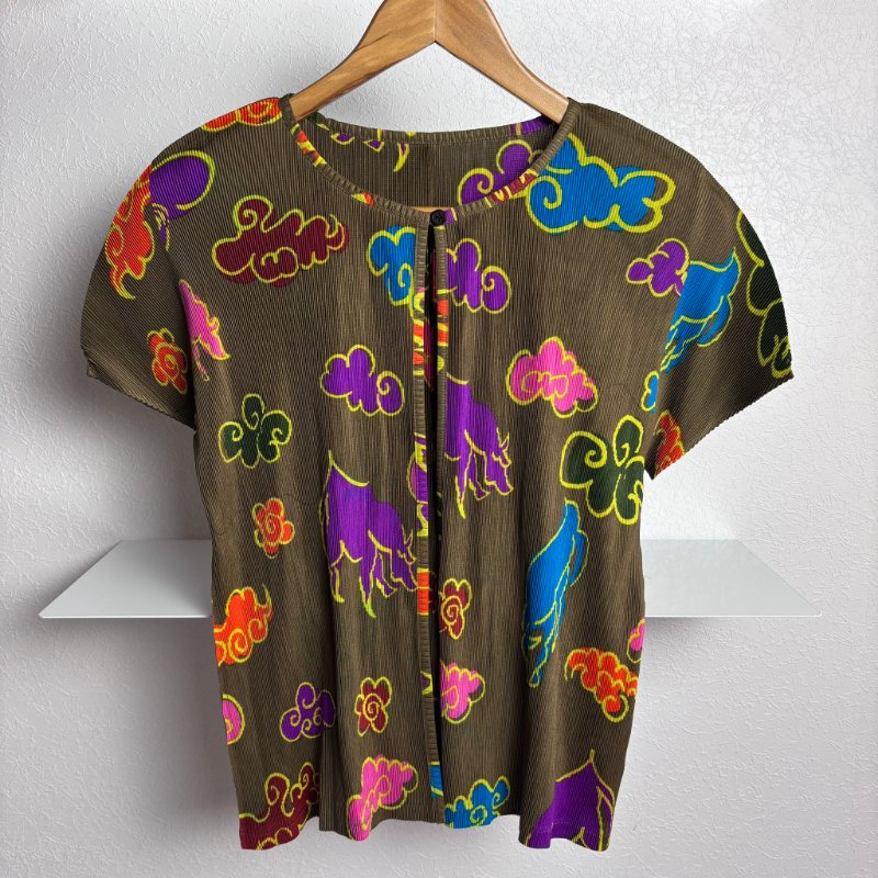 絕版收藏 ::三宅一生 Issey Miyake :: Pleats Please PP 鬥牛雲圖樣 秋香色外罩衫 上衣 3號-0