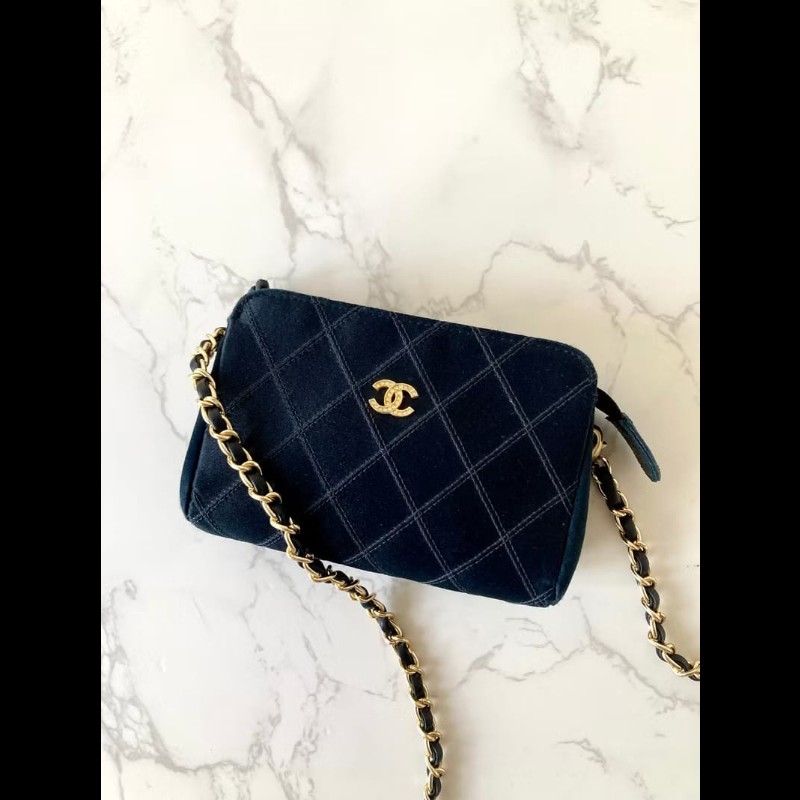 【LA LUNE】絕版古董包 Chanel黑色水鑽絲絹包 側背包 斜背包 中古二手小包-0