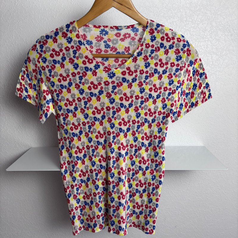 絕版收藏 ::三宅一生 Issey Miyake :: Pleats Please PP 白底彩花花圖樣短袖上衣 3號-0