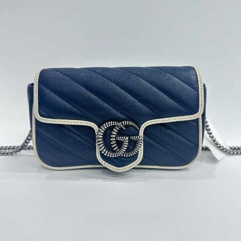 Gucci/古馳馬蒙mini迷你藍拼白有龍蝦扣斜挎包。