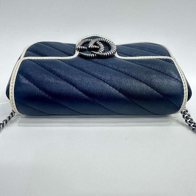 Gucci/古馳馬蒙mini迷你藍拼白有龍蝦扣斜挎包。-4