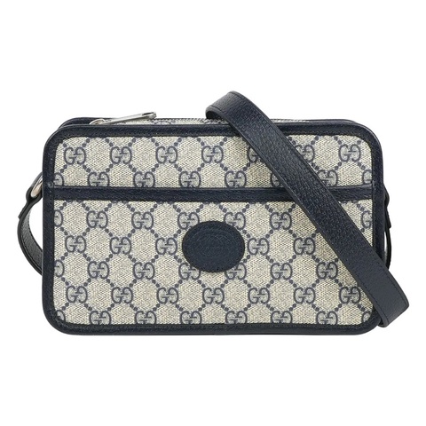 Interlocking G 塗層帆布拉鍊迷你斜背包(米色/黑藍色)