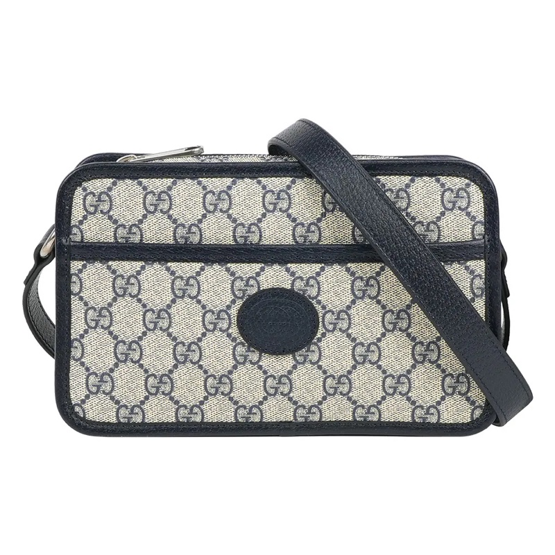 Interlocking G 塗層帆布拉鍊迷你斜背包(米色/黑藍色)-0