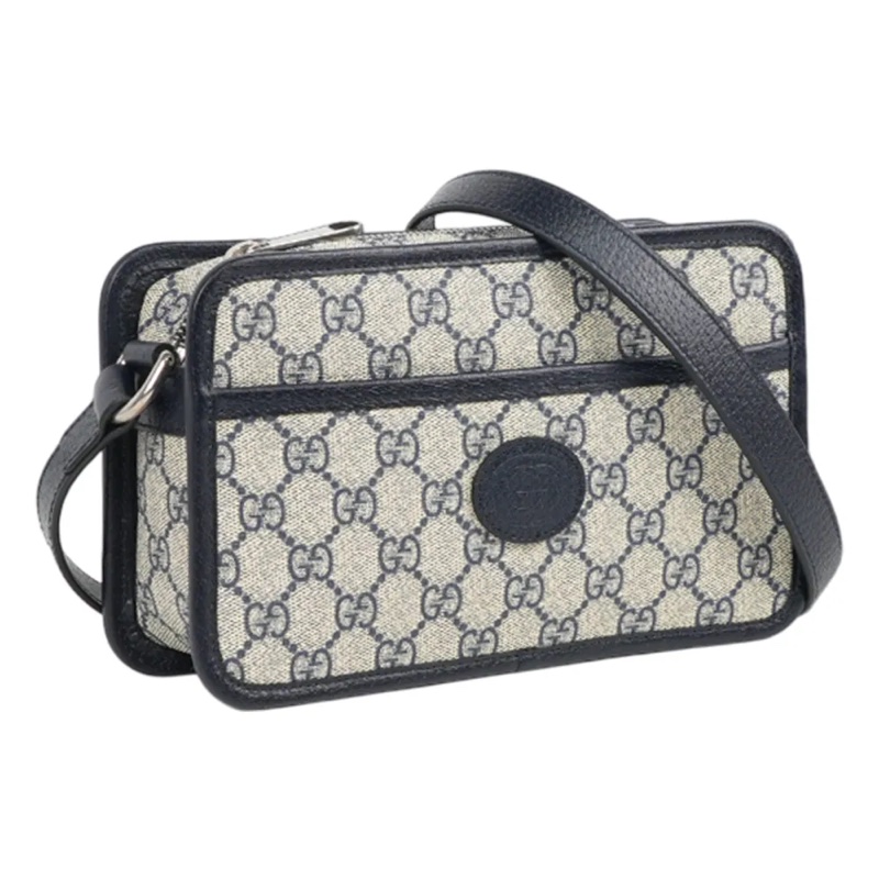 Interlocking G 塗層帆布拉鍊迷你斜背包(米色/黑藍色)-1