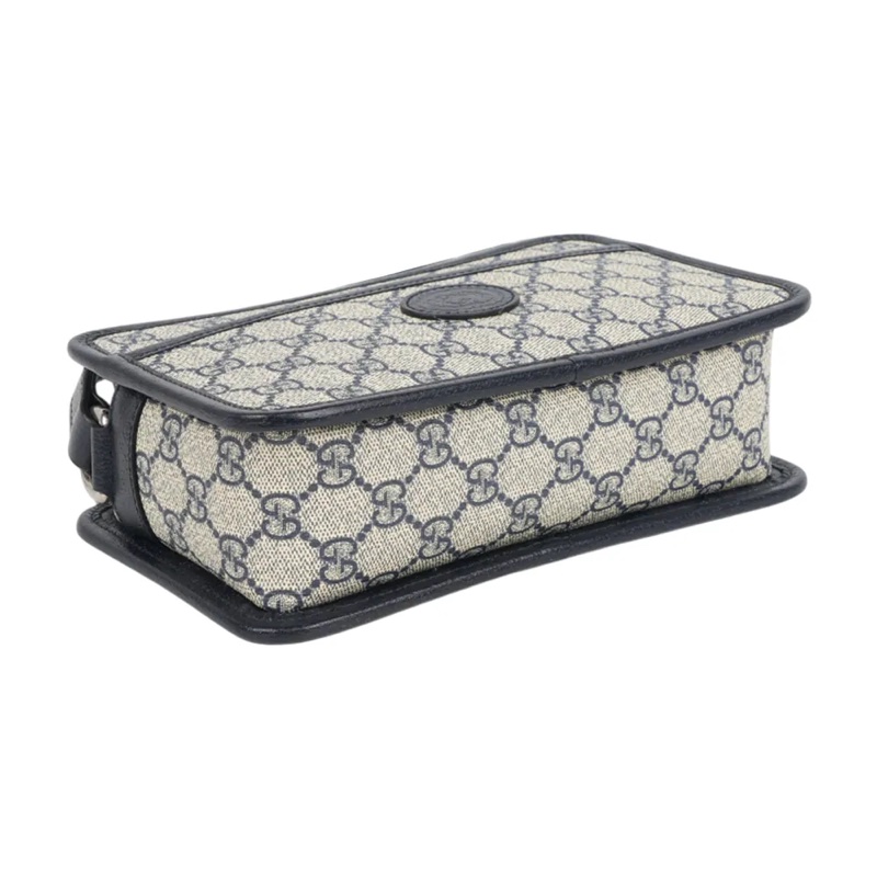 Interlocking G 塗層帆布拉鍊迷你斜背包(米色/黑藍色)-3