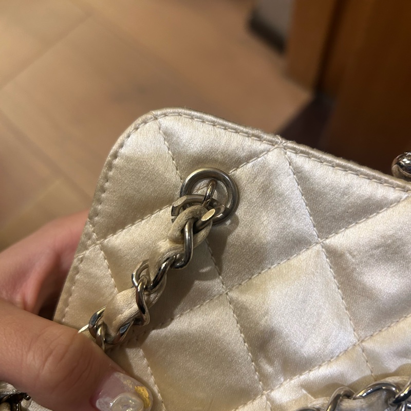 Chanel 香奈兒中古 羊皮晚宴包 白金色 銀鏈-7