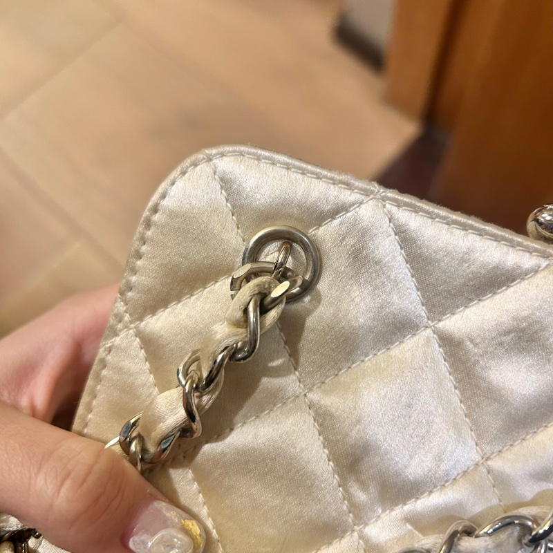 Chanel 香奈兒中古 羊皮晚宴包 白金色 銀鏈-7