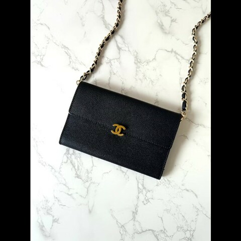 【LA LUNE】稀有中古二手Chanel黑色皮革金扣斜背側孭單肩長夾銀錢包WOC手袋