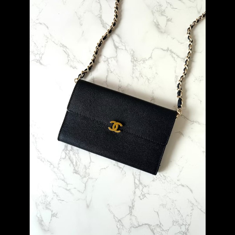 【LA LUNE】稀有中古二手Chanel黑色皮革金扣斜背側孭單肩長夾銀錢包WOC手袋-0