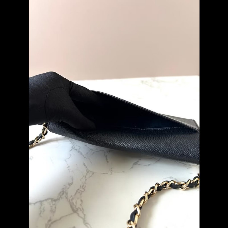 【LA LUNE】稀有中古二手Chanel黑色皮革金扣斜背側孭單肩長夾銀錢包WOC手袋-2