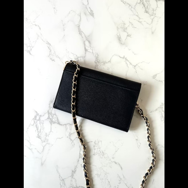 【LA LUNE】稀有中古二手Chanel黑色皮革金扣斜背側孭單肩長夾銀錢包WOC手袋-4