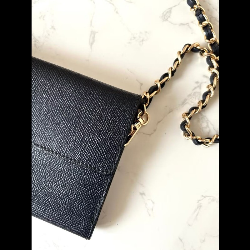 【LA LUNE】稀有中古二手Chanel黑色皮革金扣斜背側孭單肩長夾銀錢包WOC手袋-5