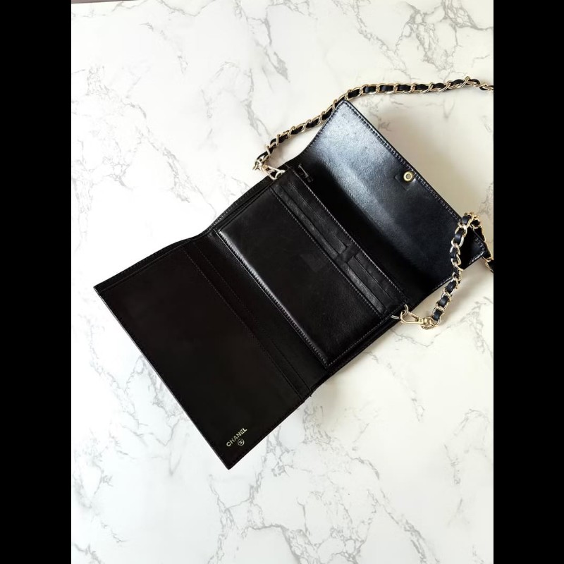 【LA LUNE】稀有中古二手Chanel黑色皮革金扣斜背側孭單肩長夾銀錢包WOC手袋-6
