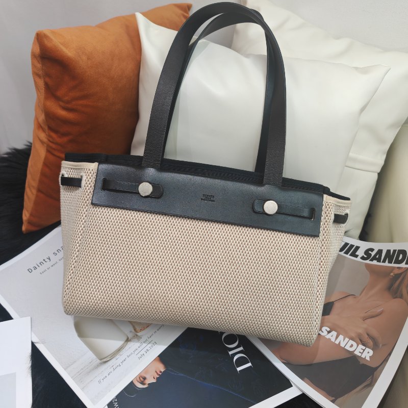 Hermès Herbag31 黑色拼米色帆布 銀扣 C刻-0