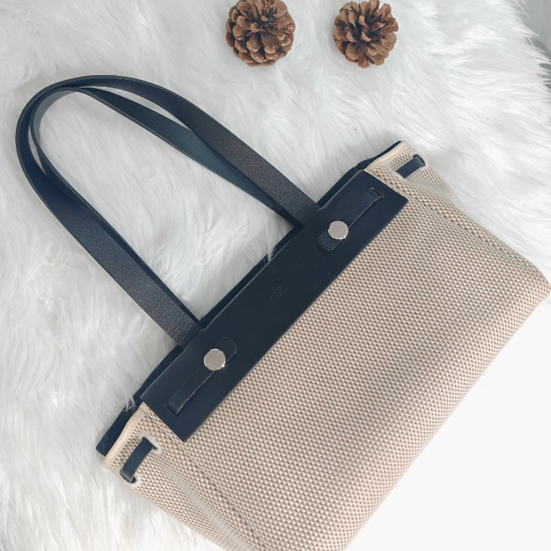 Hermès Herbag31 黑色拼米色帆布 銀扣 C刻-1