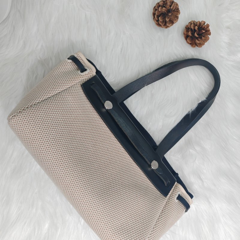 Hermès Herbag31 黑色拼米色帆布 銀扣 C刻-2