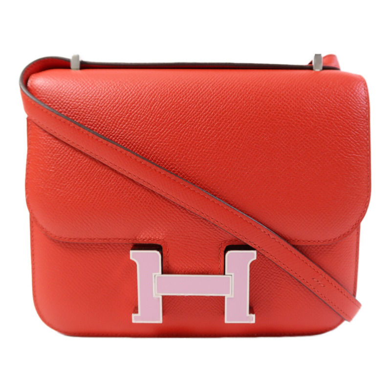 HERMES Epsom皮革Constance 24肩背袋銀扣Rouge De Coeur/Mauve-0