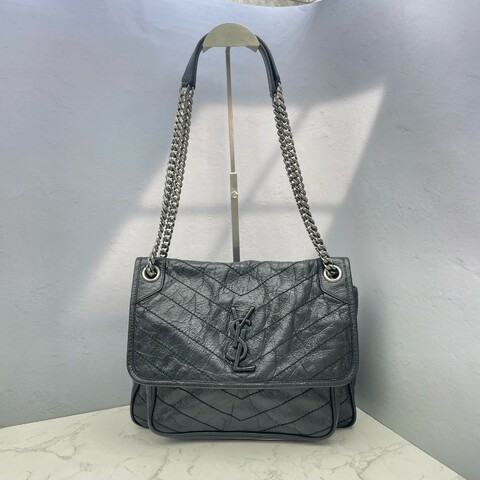 YSL NIKI中號 黑銀油蠟皮 肩背包