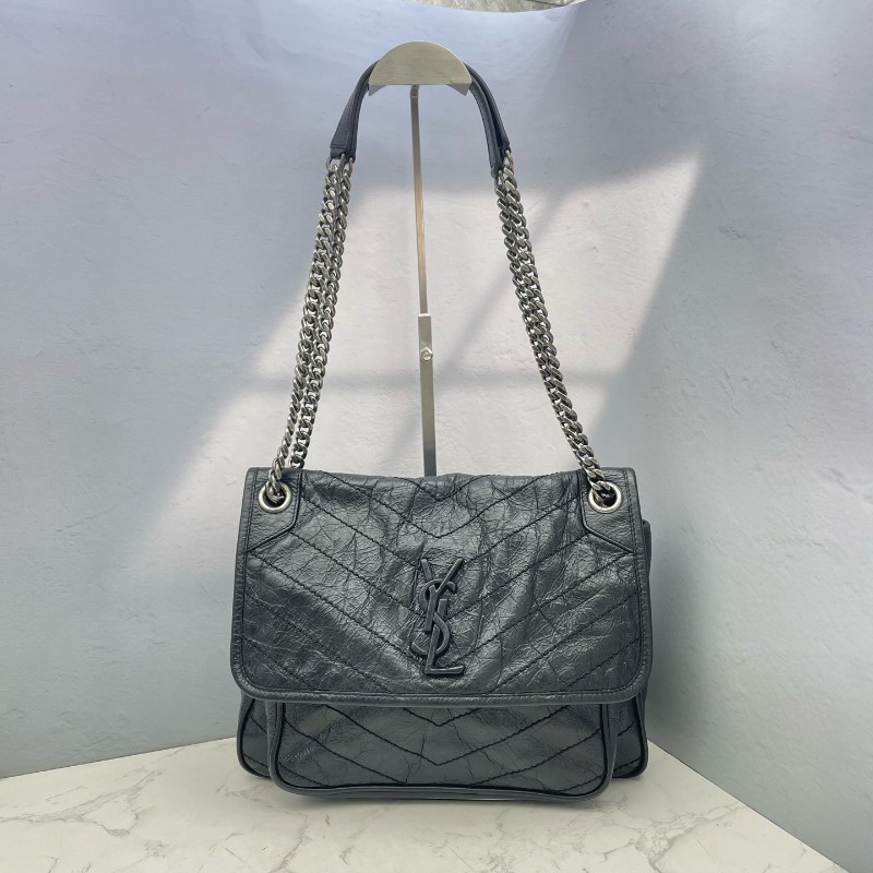 YSL NIKI中號 黑銀油蠟皮 肩背包-0