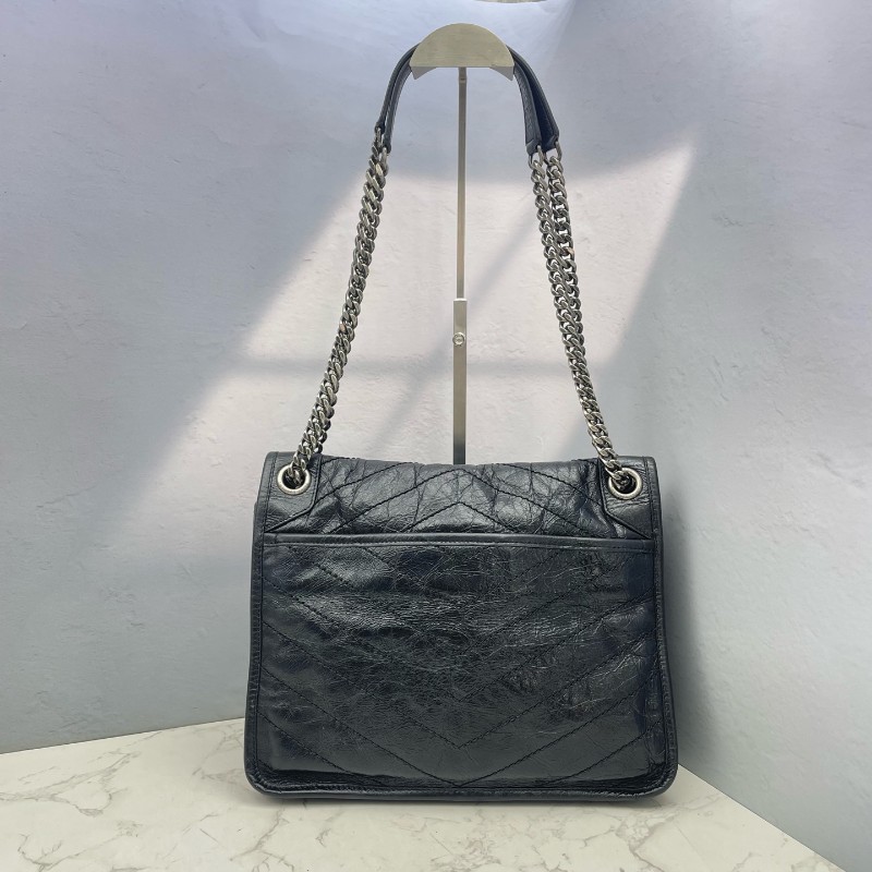 YSL NIKI中號 黑銀油蠟皮 肩背包-1