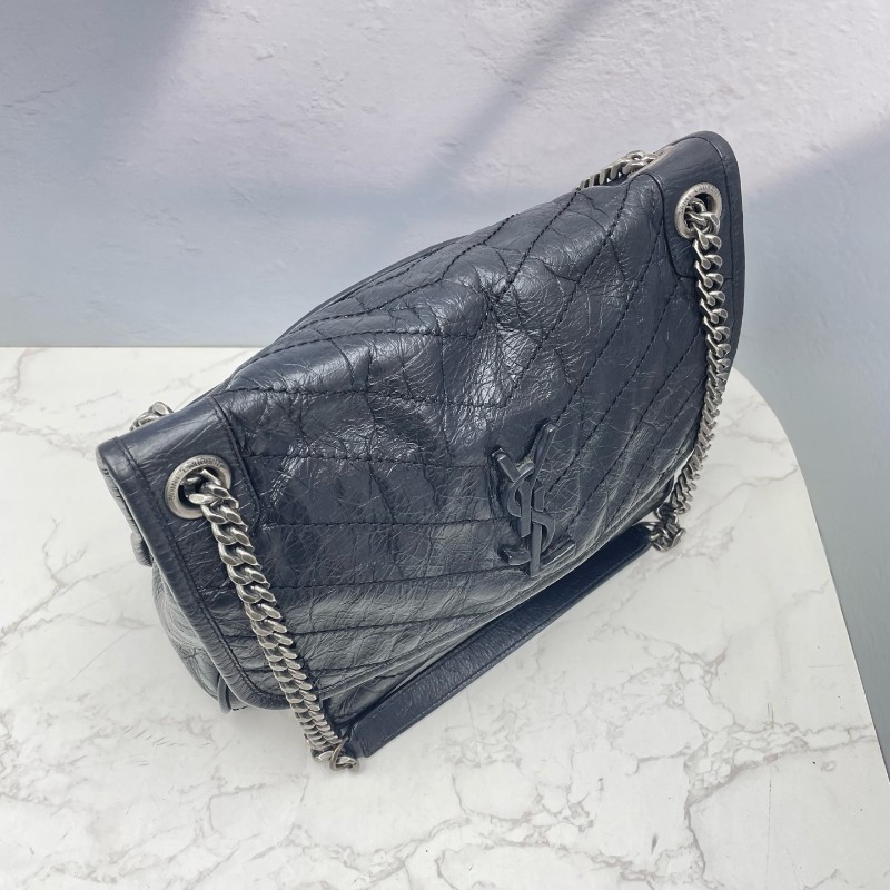 YSL NIKI中號 黑銀油蠟皮 肩背包-4