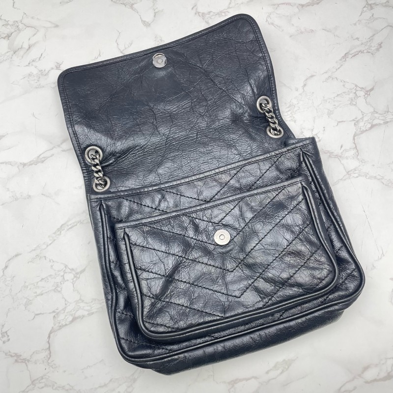 YSL NIKI中號 黑銀油蠟皮 肩背包-6