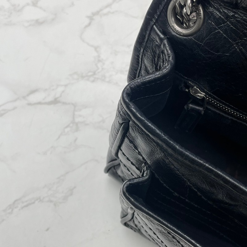 YSL NIKI中號 黑銀油蠟皮 肩背包-18