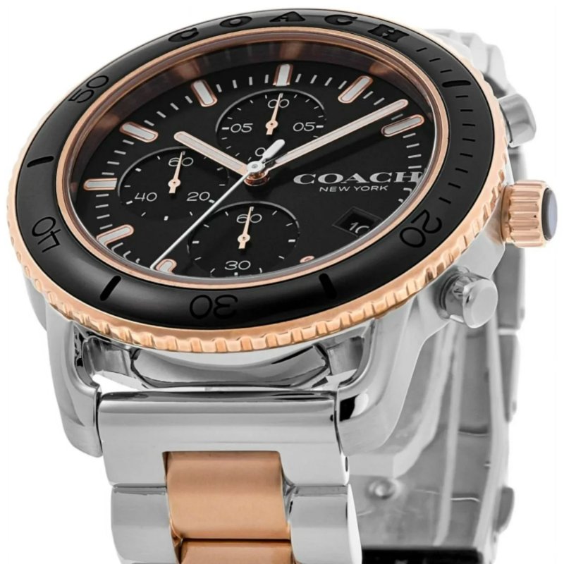 COACH 美國頂尖精品簡約時尚三眼計時陶瓷腕錶-黑+玫瑰金-14602597-3