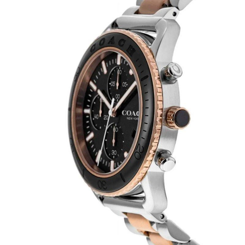 COACH 美國頂尖精品簡約時尚三眼計時陶瓷腕錶-黑+玫瑰金-14602597-4