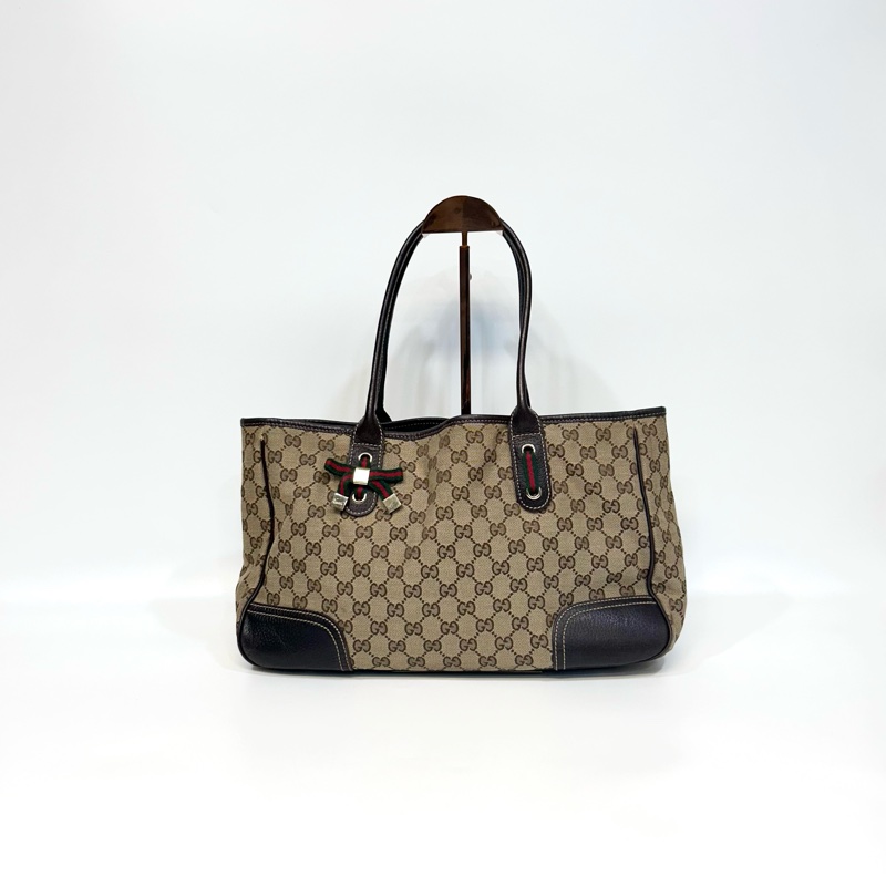 🥨超優惠GUCCI緹花布拚咖啡色皮革配綠紅綠蝴蝶結手提肩背包163805-0