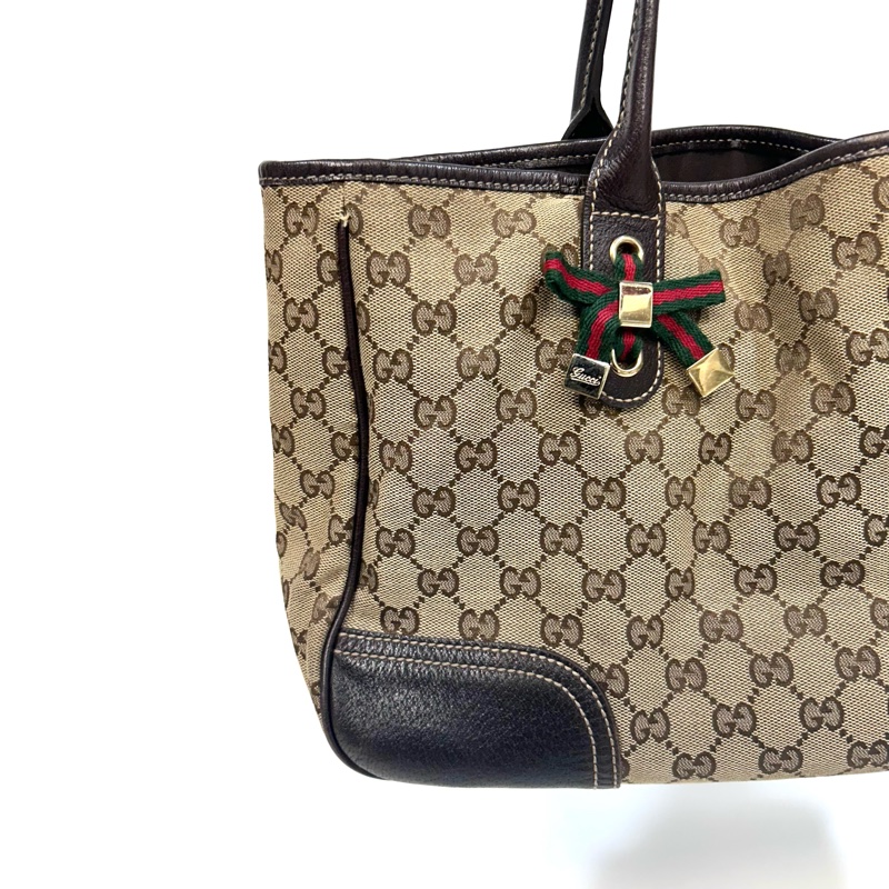 🥨超優惠GUCCI緹花布拚咖啡色皮革配綠紅綠蝴蝶結手提肩背包163805-9