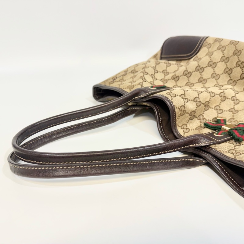 🥨超優惠GUCCI緹花布拚咖啡色皮革配綠紅綠蝴蝶結手提肩背包163805-12