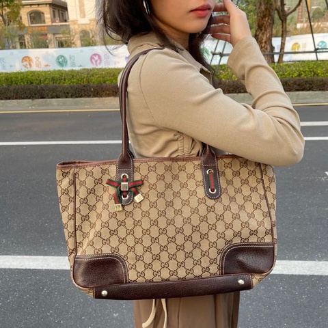 🥨超優惠GUCCI Princey Tote緹花布拚綠紅綠蝴蝶結托特包163805