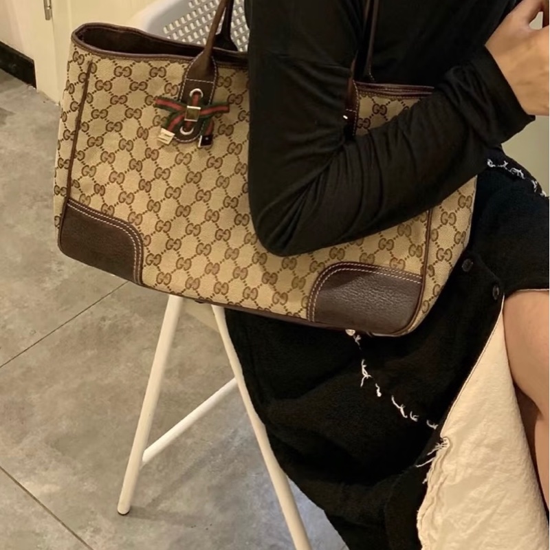 🥨超優惠GUCCI Princey Tote緹花布拚綠紅綠蝴蝶結托特包163805-2