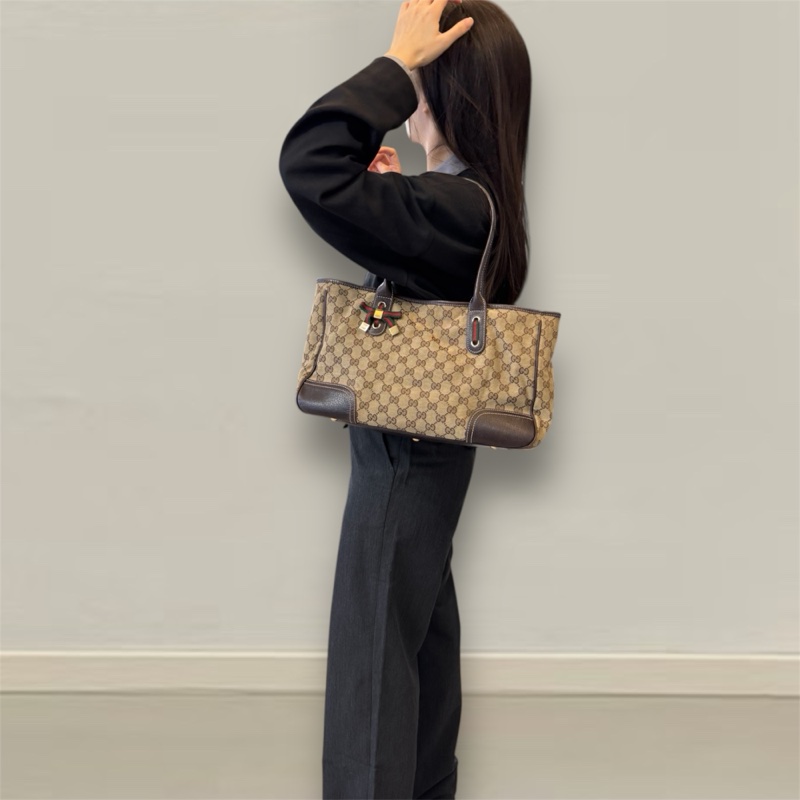 🥨超優惠GUCCI Princey Tote緹花布拚綠紅綠蝴蝶結托特包163805-5