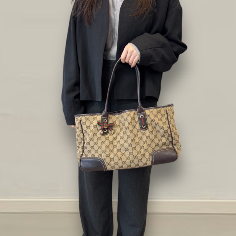 🥨超優惠GUCCI Princey Tote緹花布拚綠紅綠蝴蝶結托特包163805-6