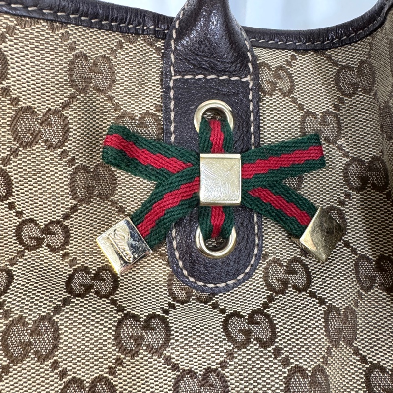 🥨超優惠GUCCI Princey Tote緹花布拚綠紅綠蝴蝶結托特包163805-33