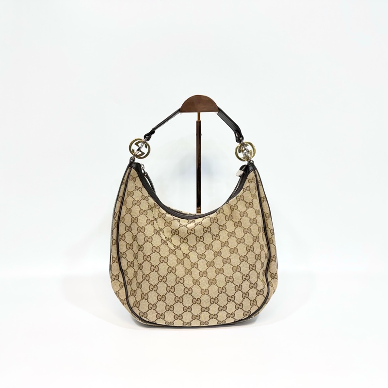 🥨超優惠 GUCCI緹花布黑滾邊雙G釦彎月腋下包232962-0