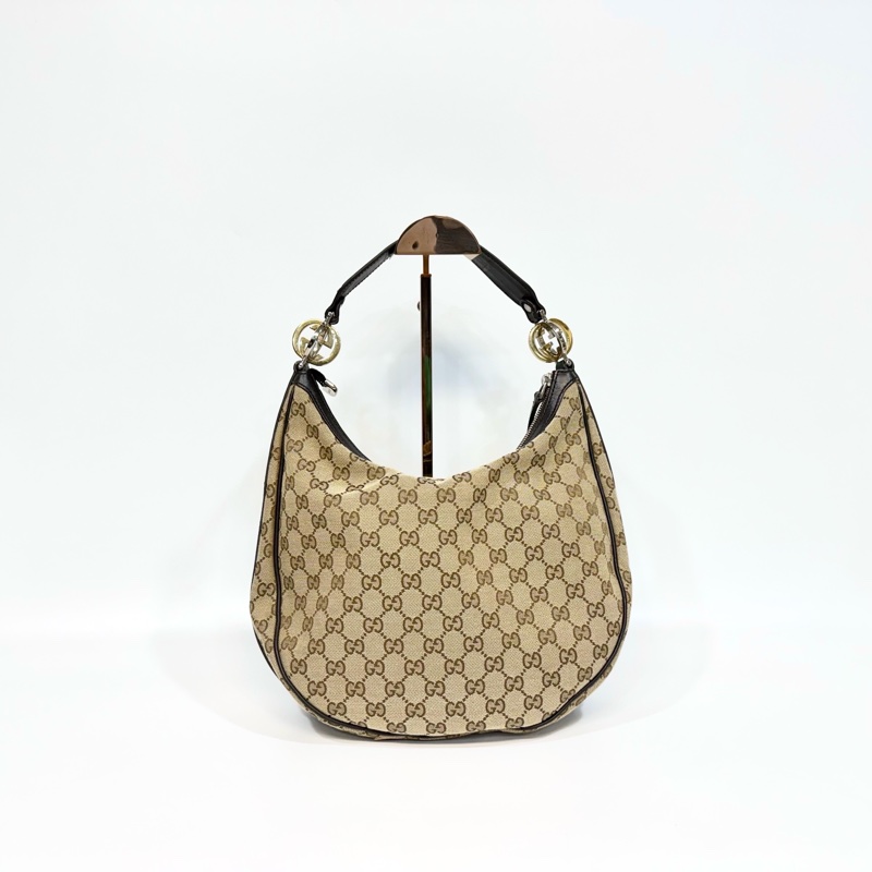 🥨超優惠 GUCCI緹花布黑滾邊雙G釦彎月腋下包232962-1