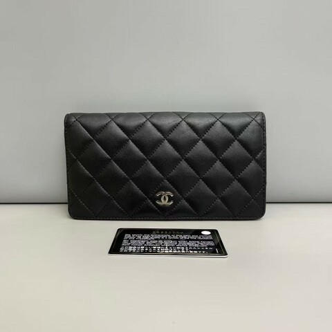 Chanelcf 黑銀全皮菱格對折長夾