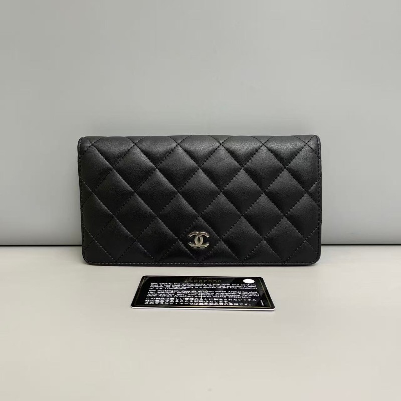 Chanelcf 黑銀全皮菱格對折長夾-0